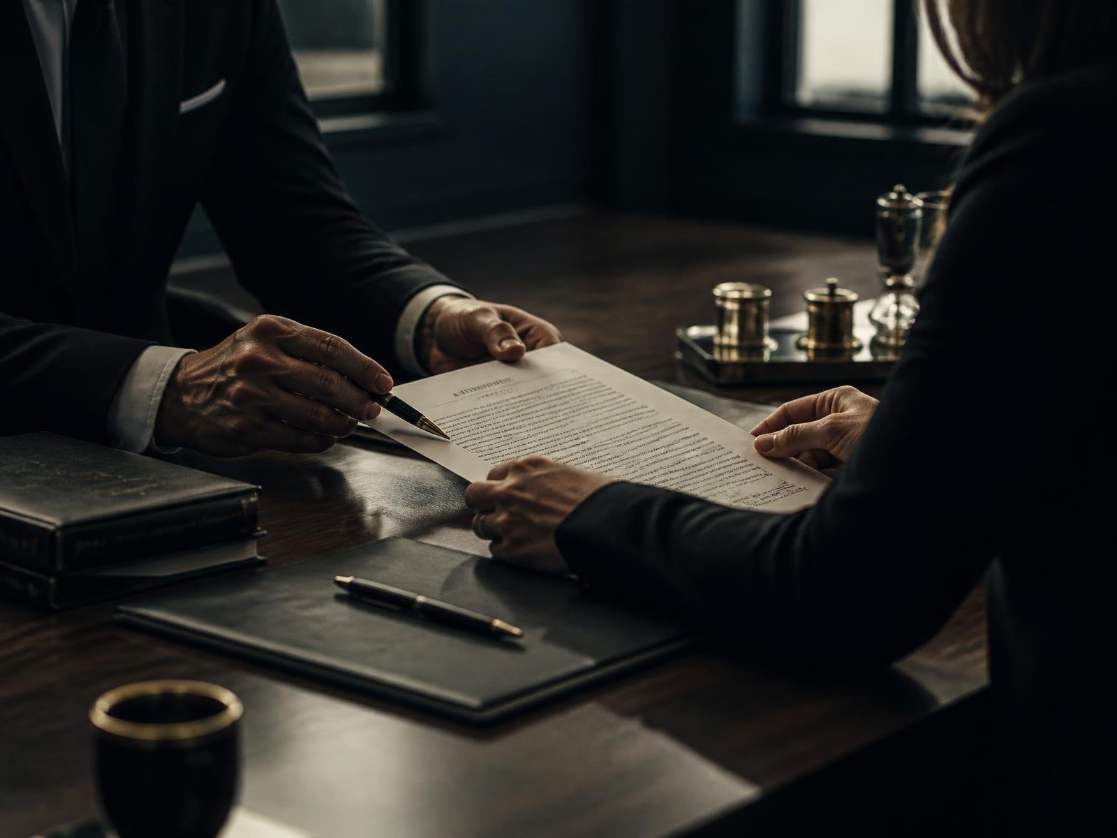 Two professionals in dark suits reviewing a printed contract across a walnut table